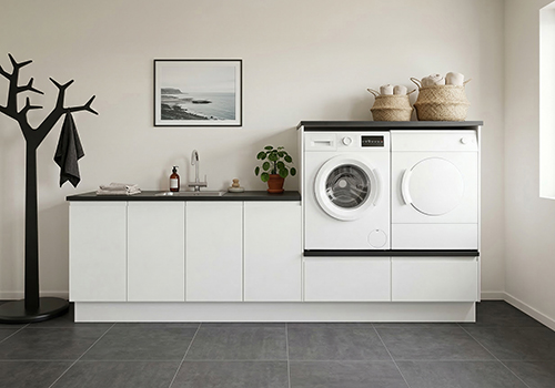 Multi-Living Bryggers sæt med Hvid Grebsfri | Underskab m. skuffe, Vaskeskab, Gavle, Sokkelsæt - Bryggers sæt 1