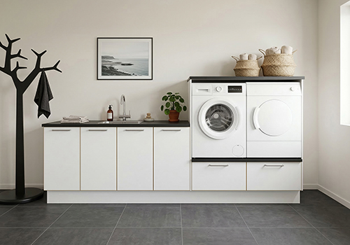 Multi-Living Bryggers sæt med White/Oak Line | Underskab m. skuffe, Vaskeskab, Gavle, Sokkelsæt - Bryggers sæt 1
