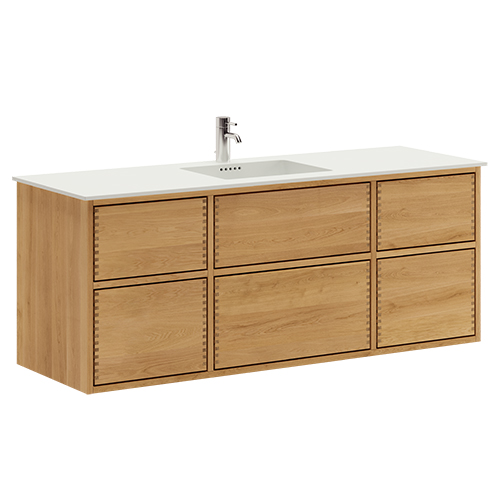 140 cm Lysolieret Just Wood Push badmøbel med 6 skuffer og Solid Surface bordplade