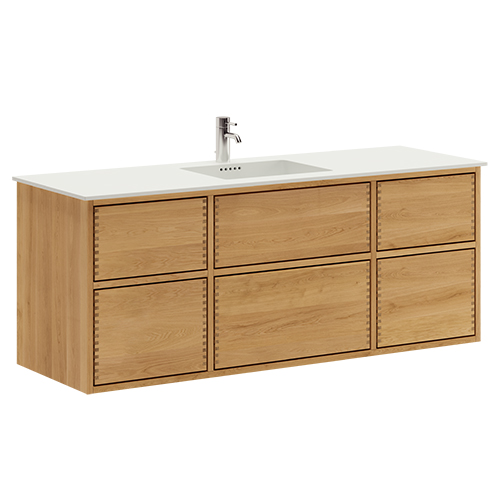 140 cm Lysolieret Just Wood Push badmøbel med 6 skuffer og Solid Surface bordplade