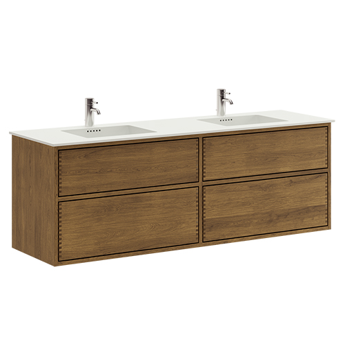 160 cm Mørkolieret Just Wood Push badmøbel med 4 skuffer og Solid Surface bordplade - Dobbelt vask