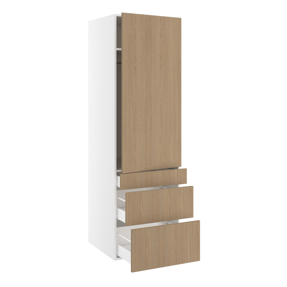 Garderobeskab, 1244mm låge, 3 skuffer H:124/252/316mm, 1 hylde, 1 konstruktionshylde, 1 bøjlestang. H:1952 B:600 D:580