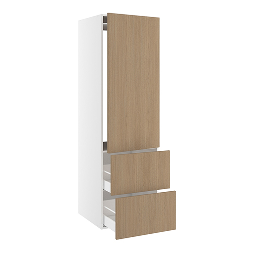 Højskab, t/integreret køl med glideskinner, 1244mm låge, m/hængselsboring, 2 skuffer H:348mm, hul: 1224mm. H:1952 B:600 D:580