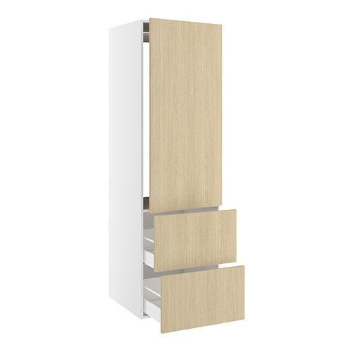 Højskab, t/integreret køl med fladhængsler, 1244mm låge, u/hængselsboring, 2 skuffer H:348mm, hul: 1224mm. H:1952 B:600 D:580