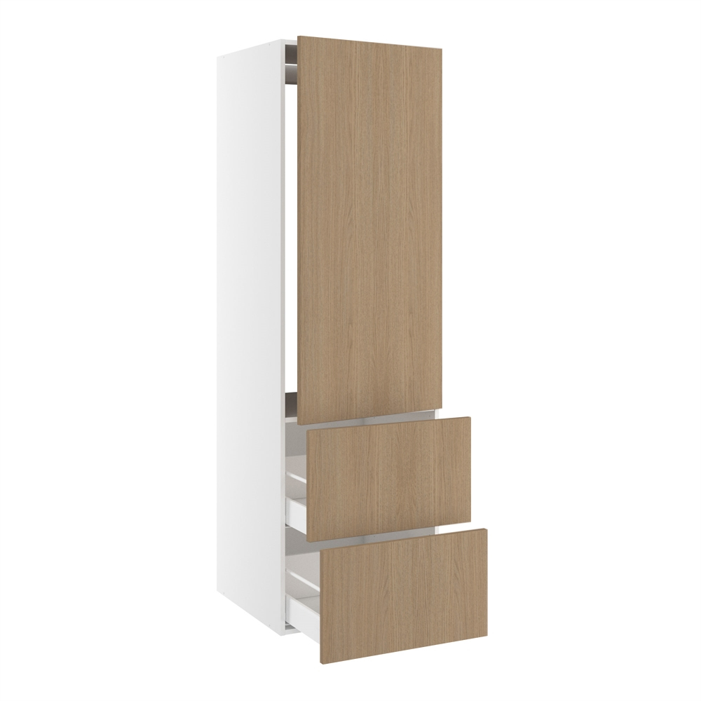 Højskab, t/integreret køl med fladhængsler, 1244mm låge, u/hængselsboring, 2 skuffer H:348mm, hul: 1224mm. H:1952 B:600 D:580