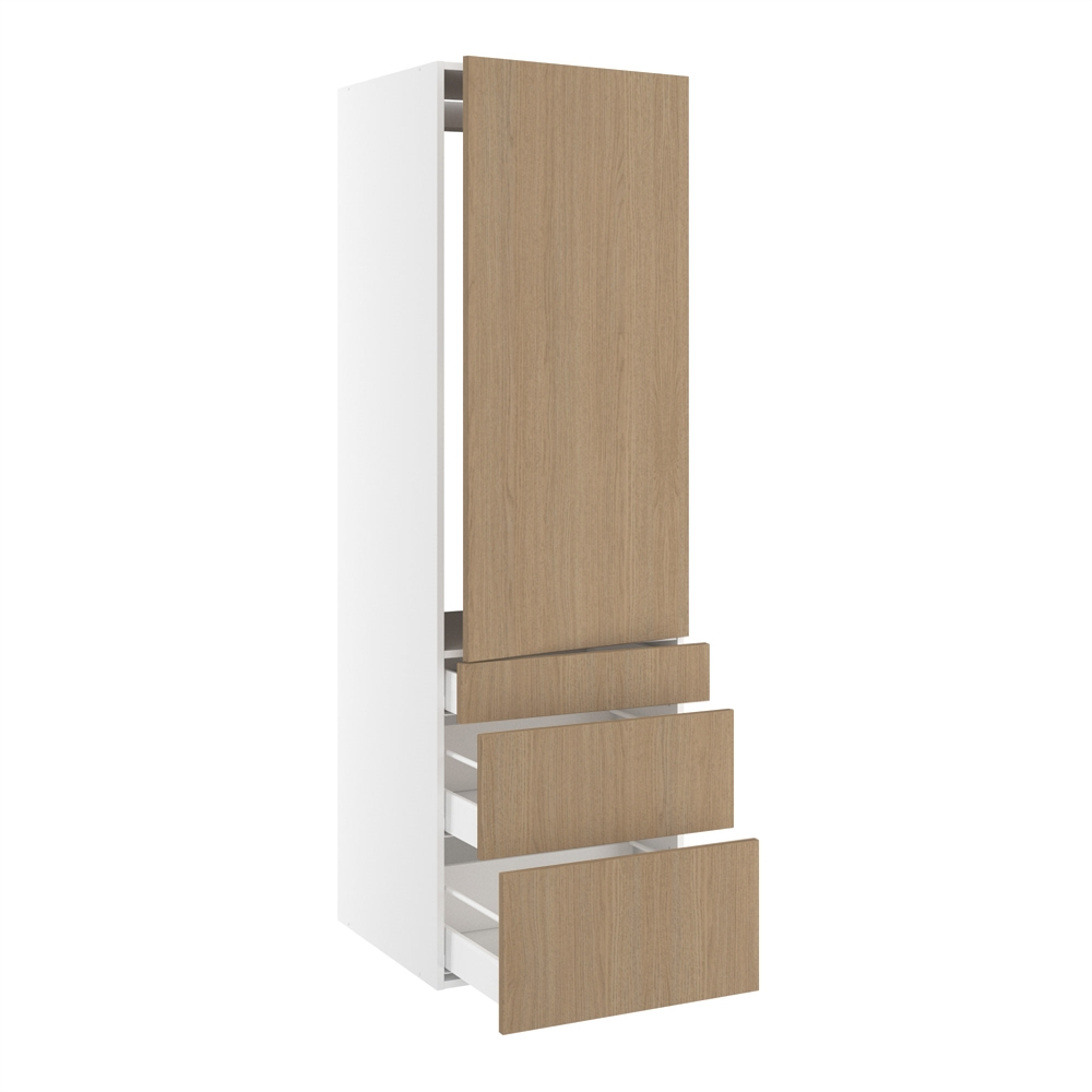 Højskab, t/integreret køl med fladhængsler, 1244mm låge, u/hængselsboring, 3 skuffer H:124/252/316mm, hul: 1224mm. H:1952 B:600 D:580