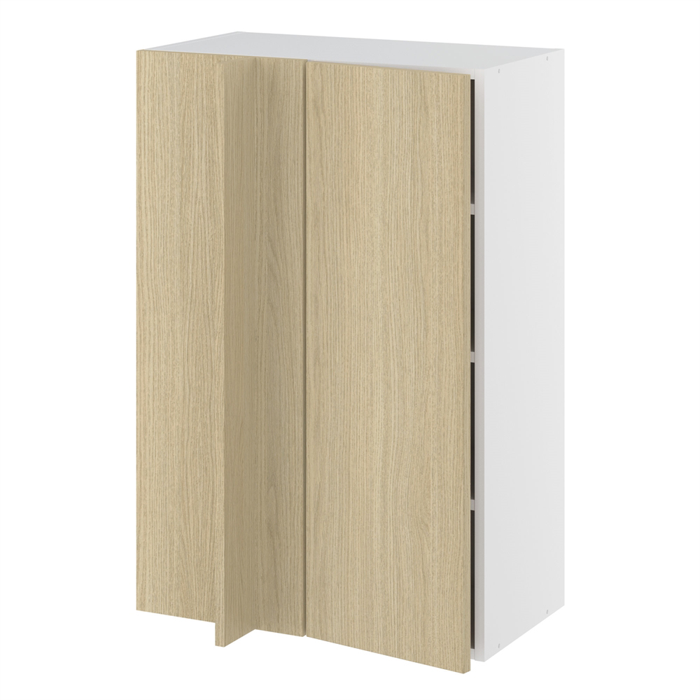 Hjørneindstiksoverskab, 296mm låge, blændplade 340mm, 3 hylder (min. 640mm fra væg). H:896 B:600 D:320