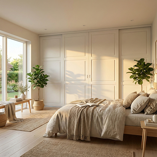 Mogensen Contoura Almue Folie skydelåger på mål til garderobe med 4 låger og softclose - Total bredde 200 til 255 cm.