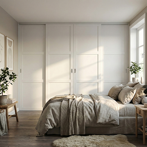 Mogensen Contoura Rammedør skydelåger på mål til garderobe med 4 låger og softclose - Total bredde 176 til 243 cm.